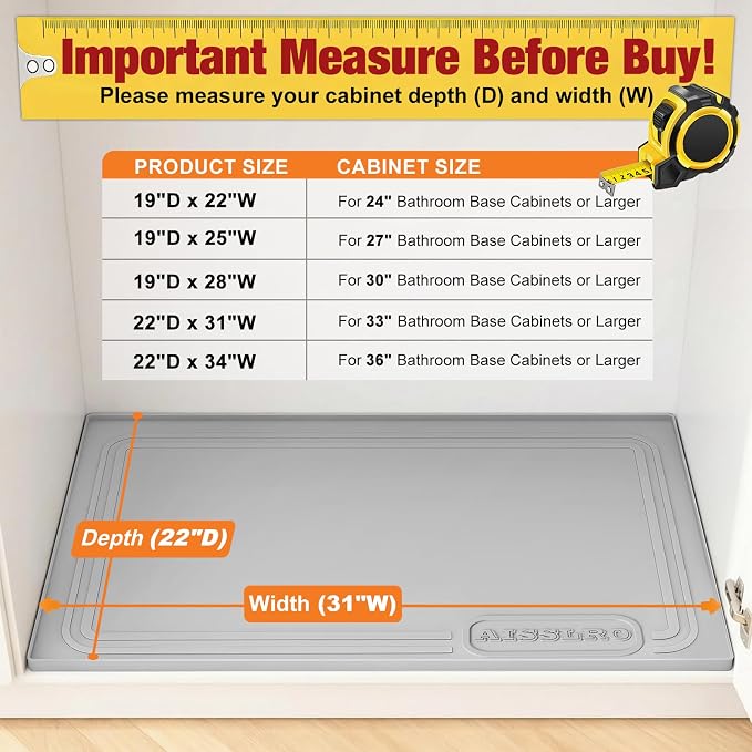 Aisslro Under Sink Mat 31" X 22", Waterproof Silicone Under Sink Mats for Kitchen, Anti-Leak Shelf Liner & Cabinet Protector with Raised Edge, [BPA Free] Bathroom Tray Home Organizer, Gray