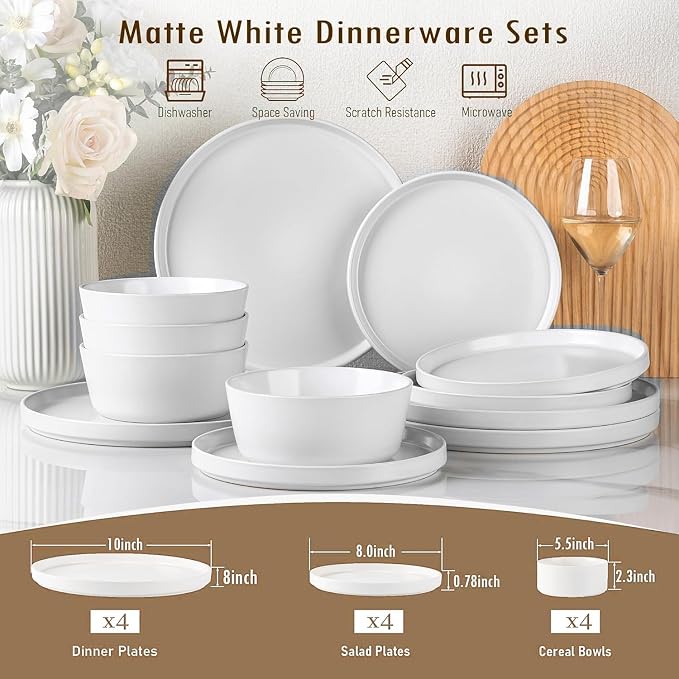 AmorArc Ceramic Dinnerware Sets for 4, Modern Flat Stoneware Plates and Bowls Sets,Chip and Crack Resistant | Dishwasher & Microwave Safe Dishes Set,Scratch Resistant- Service for 4 (12pc)-Matte White