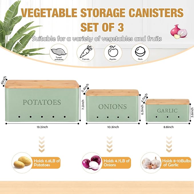 Honeydak 3 PCS Sage Green Potato Onion Garlic Storage Bins Set, Metal Vegetable Keeper Containers with Lids Aerating Holes for Kitchen Counter Pantry Keep Fresh Longer Farmhouse for Sweet-potato Fruit