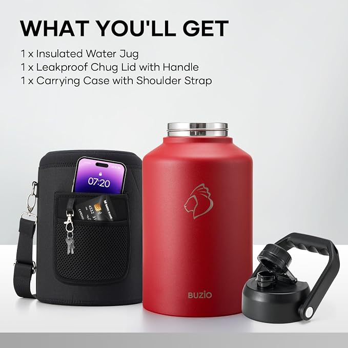 BUZIO 1 Gallon Water Jug Insulated, Stainless Steel Bottle With Large Handle & Spout Lid, 3.58" Big Wide Mouth BPA-Free Leakproof Metal Water Flask For Camping, Adventure, Sports, Red