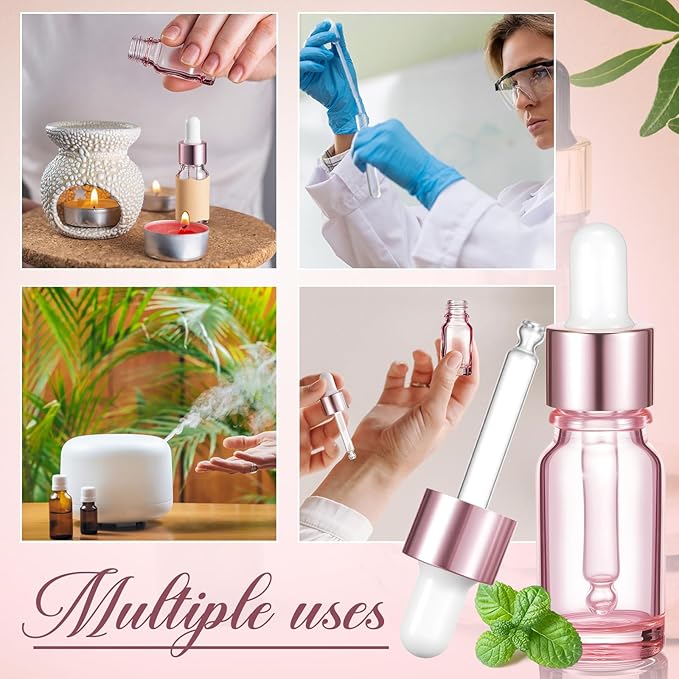 Lallisa 48 Pack Essential Oil Dropper Bottle 10 ml (1/3 Oz) Glass Dropper Bottles DIY for DIY Essential Oil Perfume with Funnels Pipettes Labels for Bathrooms, Hotels, Labs (Pink)