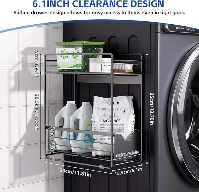 CABTE 2 Tier Magnetic Shelves for Washing Machine with Pull Out Metal Drawer,Magnetic Spice Rack for Fridge,Magnetic Rack with no Installation, Versatile Storage Organizers for Home (Black, 2 Tier)