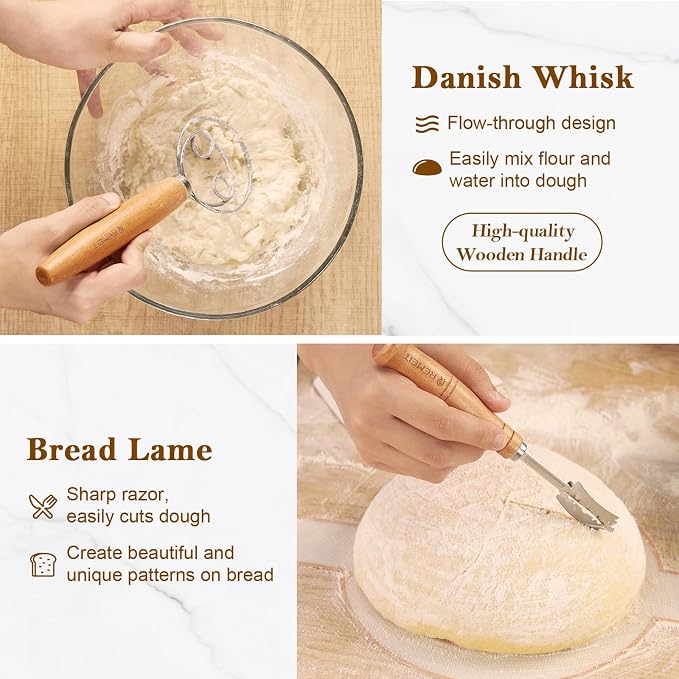 Banneton Bread Proofing Basket Sourdough Bread Baking Supplies, Sourdough Starter Kit with 9" Round and 10" Oval Baskets, Sling, Bread Lame, Proofing Cover, Scraper, Dough Whisk