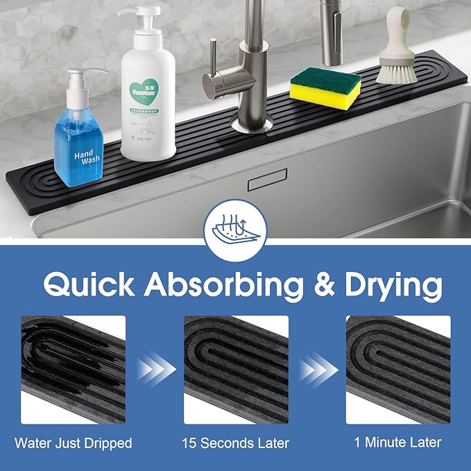 Stone Faucet Mat for Kitchen Sink, Large Fast Drying Stone Faucet Mat for Kitchen Sink with Raised Feet, Prevent Moisture Drying Diatomite Fast Tray, Dark Gray, 30" x 4"