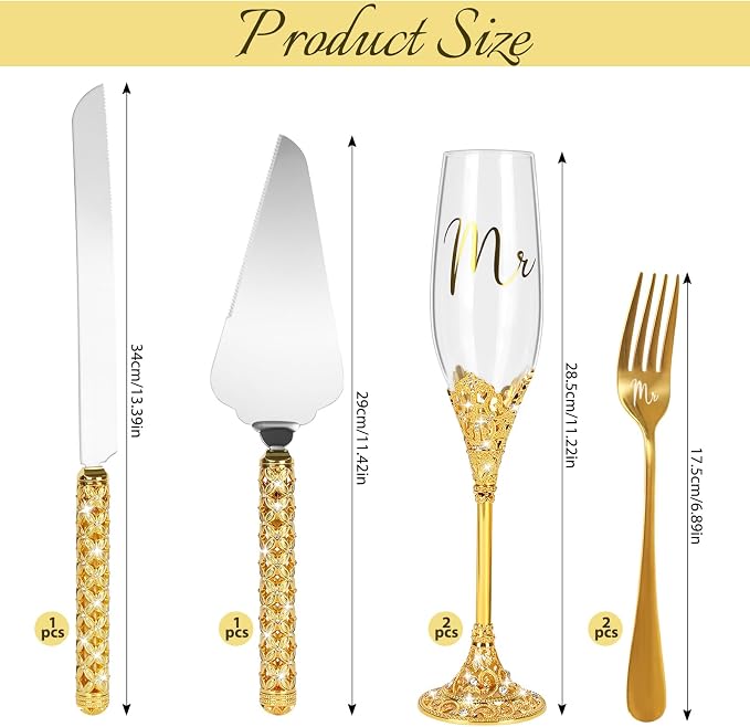6 PCS Wedding Cake Knife and Champagne Flutes Server Set with Fork Mr and Mrs Champaign Flutes, Bride and Groom Champagne Glasses Crystal Rhinestone Wedding Toasting Glasses Parties