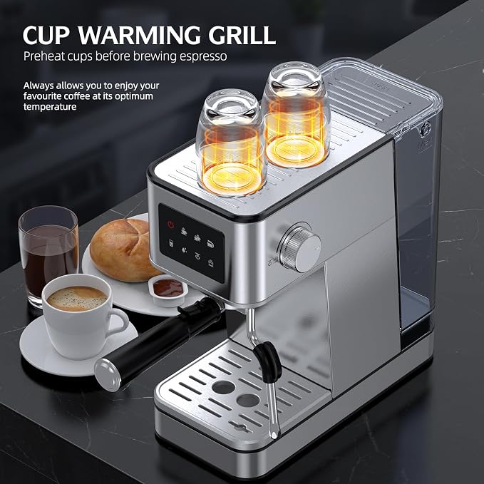 20 Bar Pump Espresso Machine with LED Touchscreen & Steam Wand | Small, Stainless Steel, 45s Quick Heat, Custom Brew Time, 57.5oz Removable Tank, Latte & Cappuccino Machine for Home, Silver
