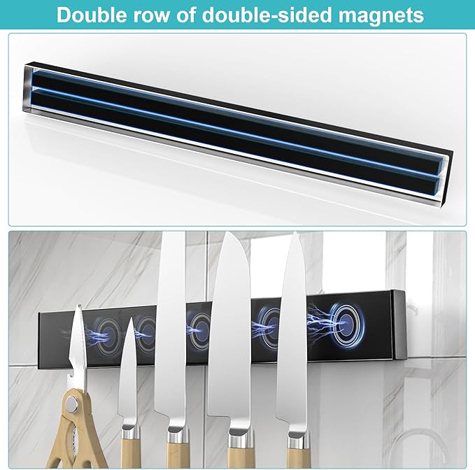 Knife Magnetic Strip With 3 Hooks, 14" Magnetic Knife Holder for Wall Mount Fridge Refrigerator, 17 Inch Magnetic Knife Holder with 4 Hooks,Dual Rod Strong Magnet Knife Bar for Partry Garage Tool Rack