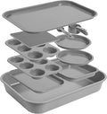 Non-Toxic PFOA-Free Stackable Bakeware Set, Professional Gauge Carbon Steel Space-Saving 11pc Nonstick Baking Pans: 6-Cup Muffin Pan, Cookie Sheet, Cake & Roaster Pans, Mats & Cups