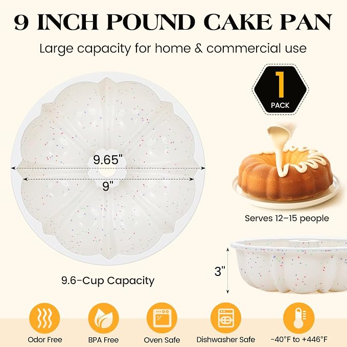 Vinino 9.5 Inch Silicone Fluted Tube Cake Pan with Metal Reinforced Frame, Pound Cake Pan Mold, BPA Free Silicone Bakeware for Cake, Bread, Jello, Gelatin, Flan, 1 Pack