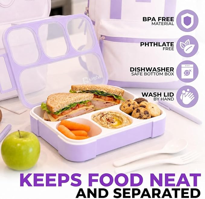 kinsho Bento Lunch Box for Kids Women Adults Girls School Work | Snack Containers for Toddlers Tweens | 4 Divided Sections for Portion Control includes Utensils BPA Free | Purple