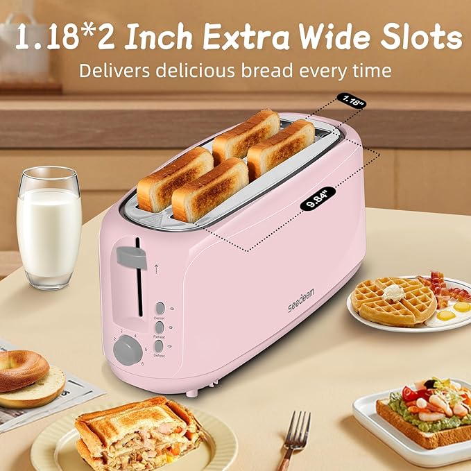 SEEDEEM 4 Slice Toaster, Extra Wide Slots Bread Toaster with 6 Shade Settings, Bagel/Cancel/Defrost/Reheat Functions, Removable Crumb Tray, Auto Shut-Off, Pink
