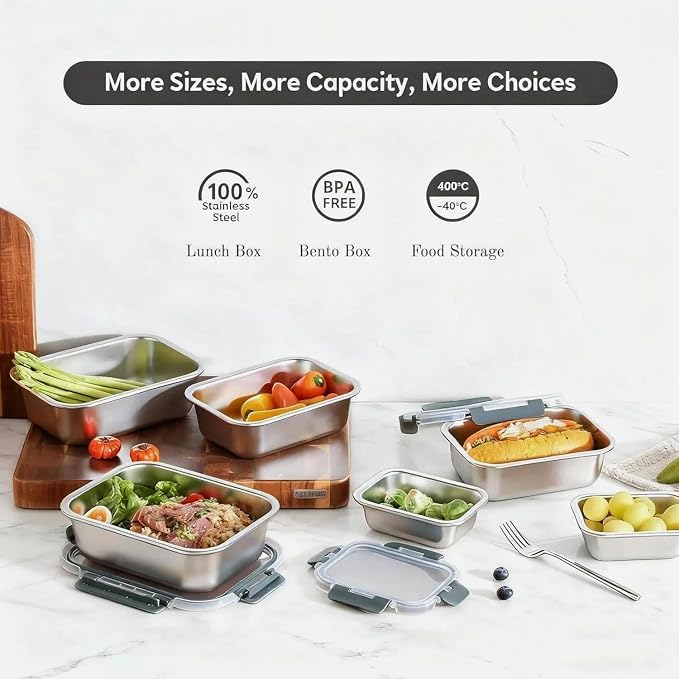 Cuiselect 4 PCS Stainless Steel Lunch Box- 4 Size Leakproof & Dishwasher Safe, Stackable Stainless Steel Food Containers, Metal Bento Box for Work,Travel (58/41 /24/ 14Oz)