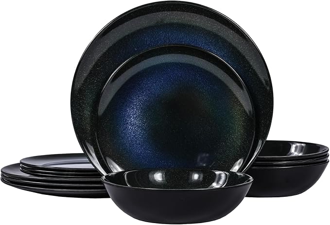 Melamine Dinnerware Set, 12pcs Plates and Bowls Set, Blue Dinner Dishes Set for Indoor and Outdoor, BPA-Free, Dishwasher Safe（Blue Cosmic）