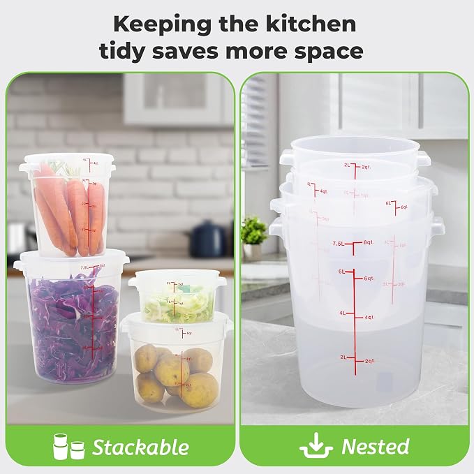 BIEAMA 4 Pack 8 Qt Round Food Storage Containers with Lids, Translucent PP | Include lids, labels, measuring cups and containers with capacity markings for food prep, pantry storage and dough proofing.