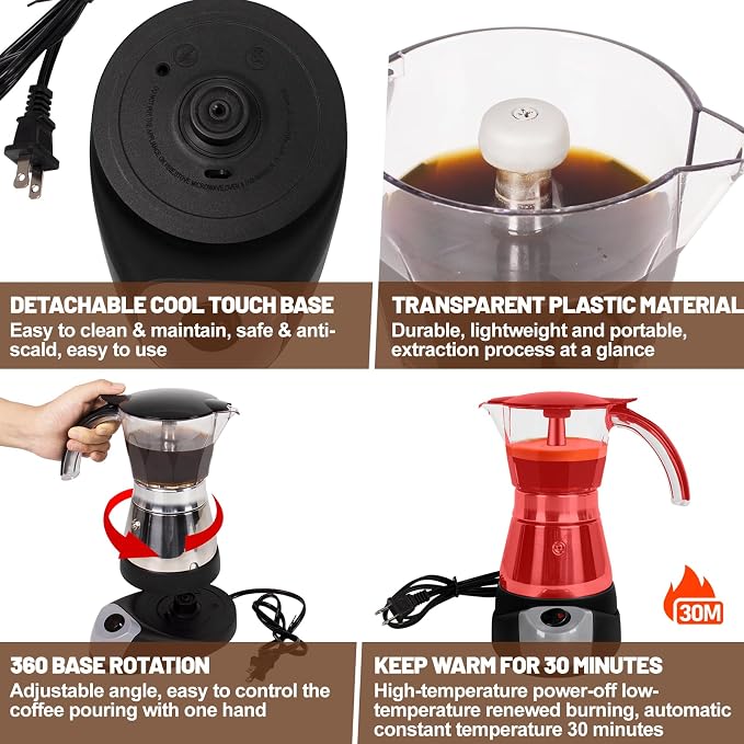 Electric Moka Pot 3-6 Cup 150-300ml Plastic Transparent Stovetop Espresso Maker Portable Stainless Steel Mocha Pot Percolator Italian Coffee Makers Greca Machine Cafe Classic for Home Camping