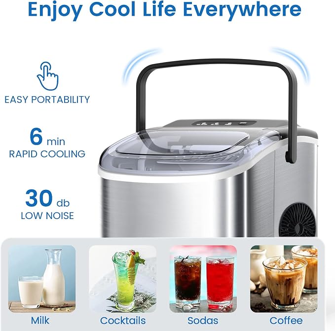 Electactic 9 Cubes Ready in 6-8 Mins Countertop Ice Maker, 26.5Lbs per Day Stainless Steel Portable Ice Maker, Ice Maker Machine with Carry Handle, for Home/Kitchen/Camping/RV (Silver)