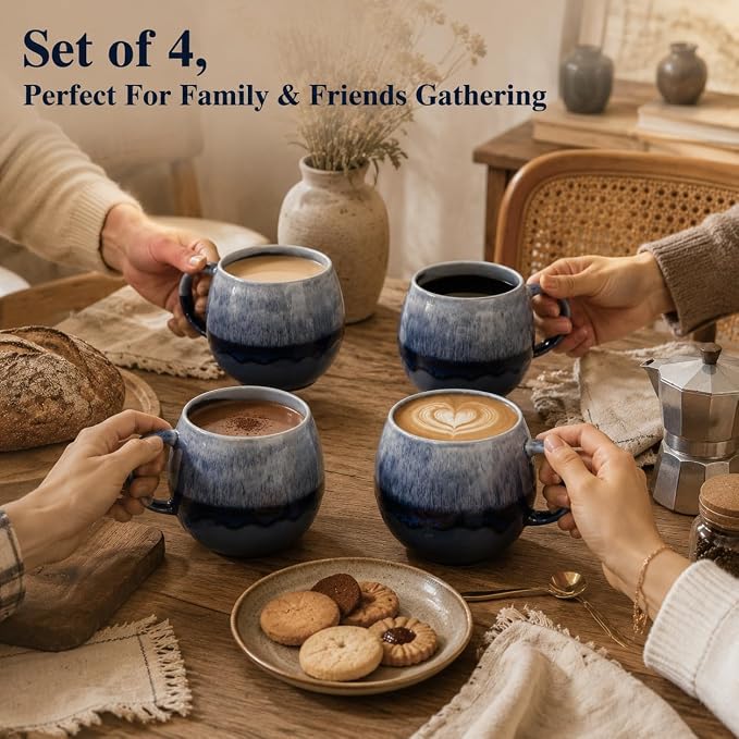 Coffee Mugs Set of 4 | 16 oz Ceramic Coffee Mugs | Lead-Free | Comfortable Handle | Microwave and Dishwasher Safe | Stoneware Latte Cups for Tea & Cappuccino| Unique Father's Day & Holiday Gifts