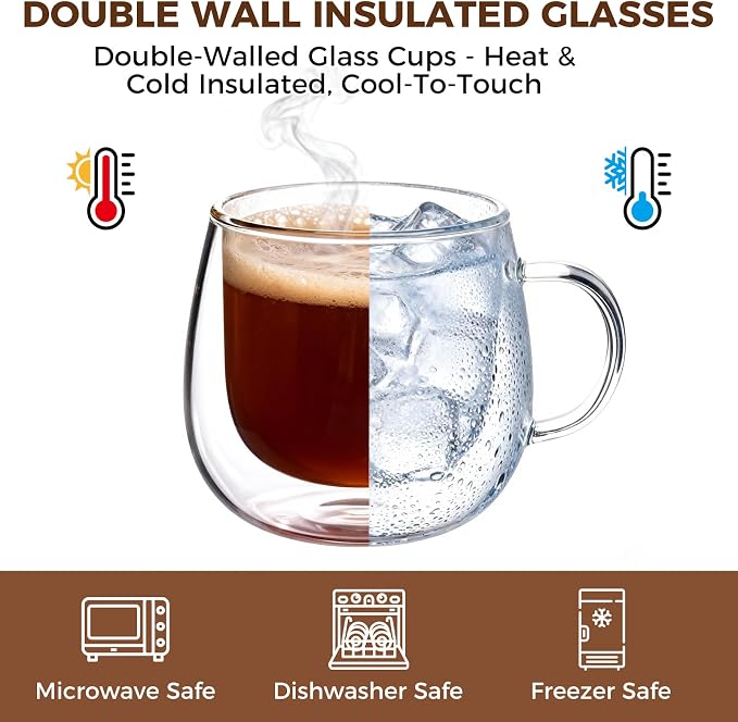 Double Wall Insulated Latte Glasses 10oz with Handle - Set of 1, Clear Glass Mugs for Cappuccino, Espresso, Tea & Hot Drinks