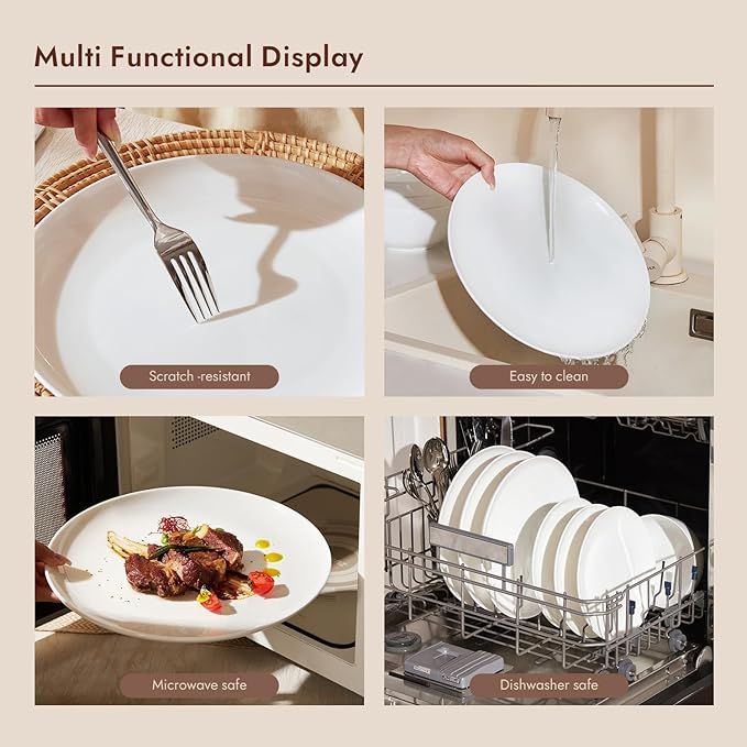 KINGSTONE 24-Piece Bone China Dinnerware Set for 8, Lightweight Porcelain Round Plates and Bowls Set, Durable Scratch Resistant Ceramic Dinner Set, Microwave & Dishwasher Safe, Ivory White