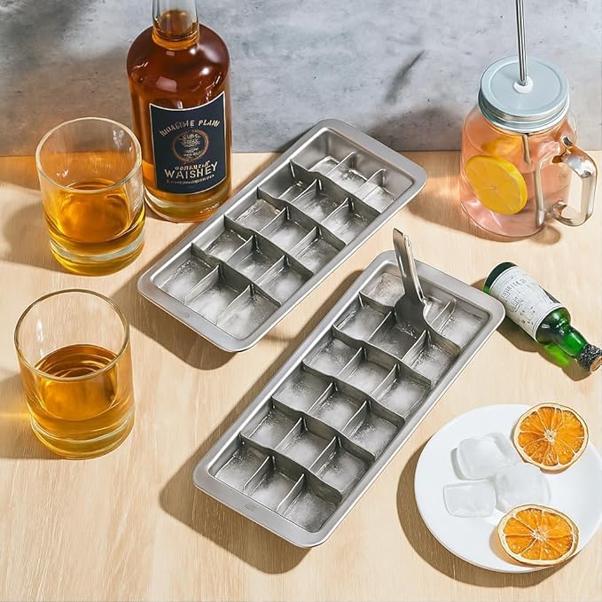 2 Pack Stainless Steel Ice Cube Trays with Lever Tweezers and Finger Gloves 18-Cube Metal Ice Trays, Non Toxic, Plastic Free，Heavy Duty for Whiskey, Cocktails, Freezer