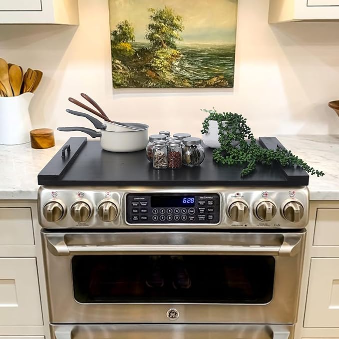 SwallowLiving Wood Noodle Board Stove Cover with Handles, Wooden Stovetop Cover Board for Gas Stove and Electric Stove Top,Kitchen Sink Cover for Counter Space, Cutting Board, Black