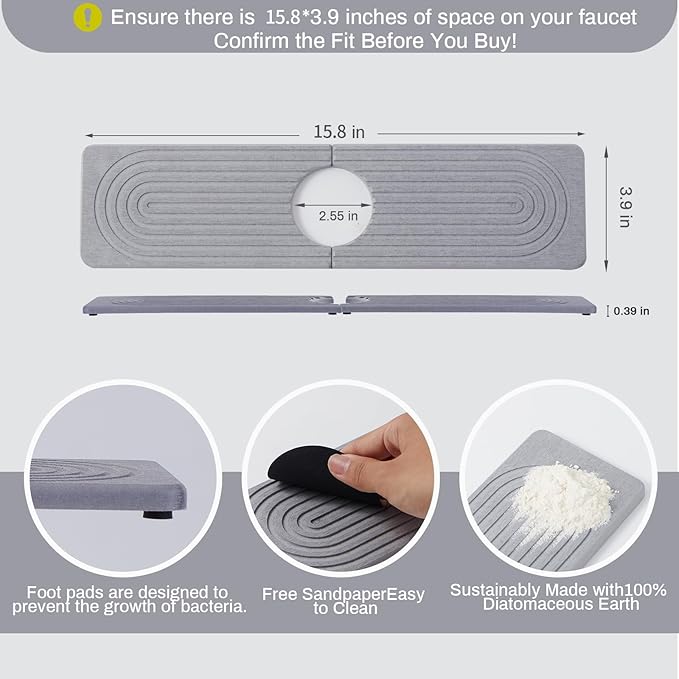 Stone Faucet Mat for Kitchen Sink, Faucet Mat Fast Drying Diatomite, Sink Splash Guard Water Absorbing Stone Tray for Sink, Counter Protector for Kitchen & Bathroom