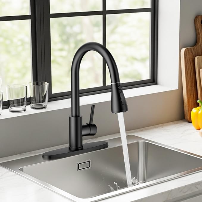 FEELSO Kitchen Faucets with Pull Down Sprayer, High Arc Single Handle Kitchen Sink Faucet, 1 or 3 Hole Brushed Nickel Water Faucets for Farmhouse Laundry Camper Rv Bar(Matte Black)