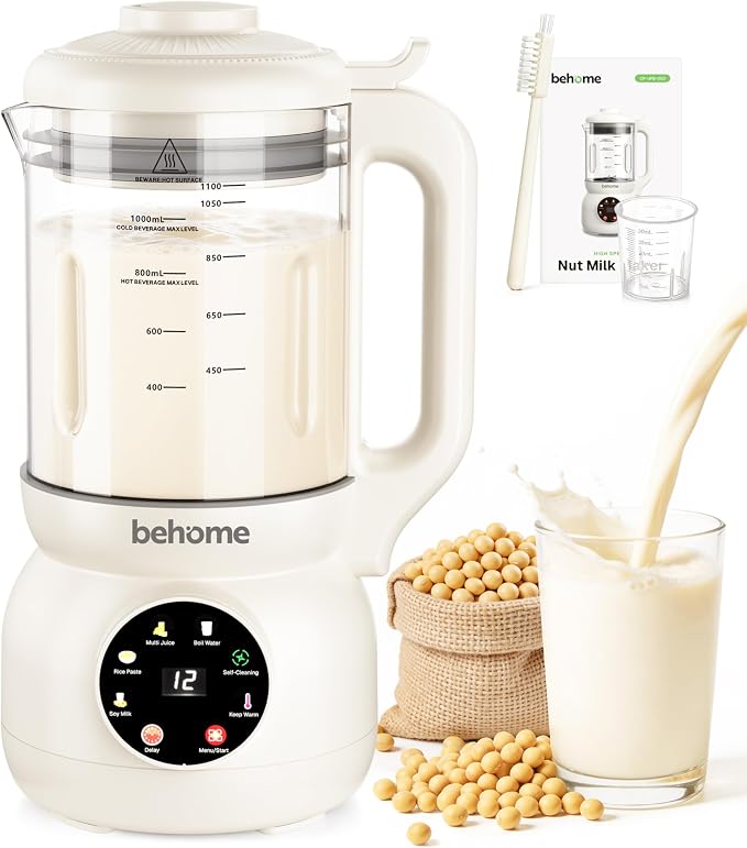 Behome 8 in 1 Nut Milk Maker Machine Blender – Glass Plant 32oz Milk Machine for Almond, Oat & Soy Milk, Self-Cleaning Vegan with No-Soak Beans, Delay Start & Keep Warm, Dairy-Free Beverage Maker