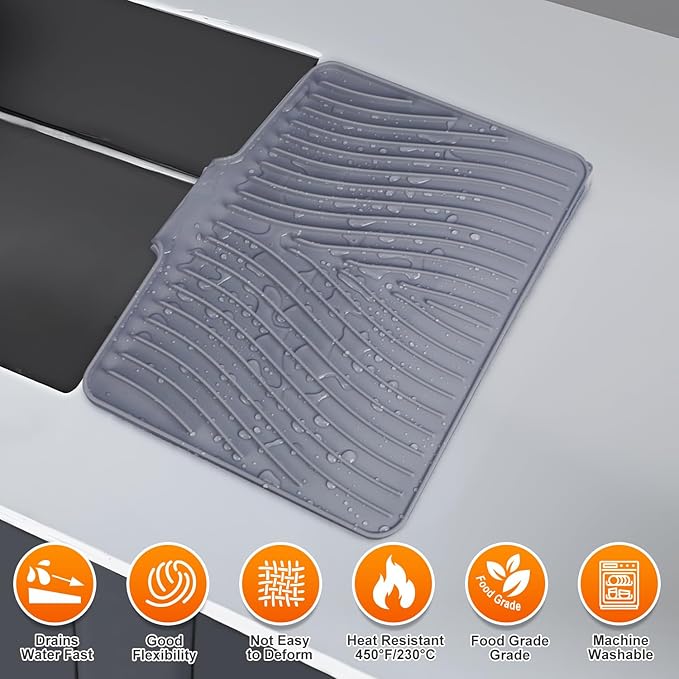 Silicone Dish Drying Mat for Kitchen Counter, Dish Drying Pad, Non-Slip Drain Pad with Built-in Drain, Heat Resistant Stone Drying Mat