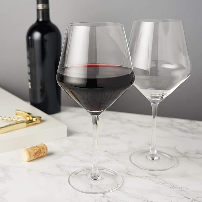 Viski Raye Angled Burgundy Wine Glasses, Crystal Clear Red Wine Glasses for Wedding, Anniversary, Birthday Gifts for Women and Men, Home Bar, Elegant Glassware, 21 oz, Set of 2