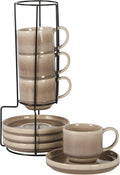 Gibson Elite Sunrise Hills 9-Piece Stackable Stoneware Cup and Saucer Set with Metal Rack, 6 oz, Service for 4, Dishwasher and Microwave Safe, Taupe