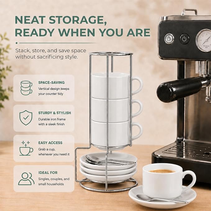 3 Ounce Espresso Cups Set of 4, White | Stackable Demitasse Mugs, Includes Display Stand, Coffee Cups Saucers, and Spoons, for Machines & Home Use, Silver Stand