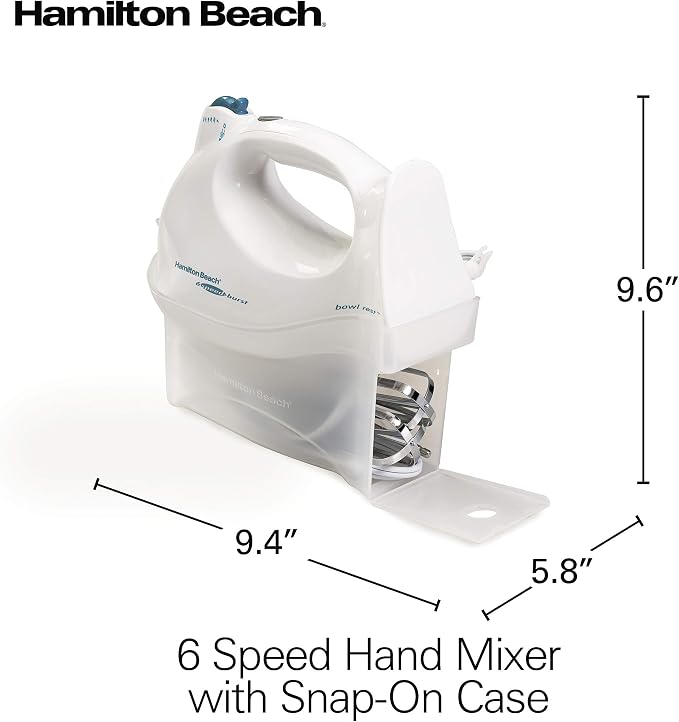 Hamilton Beach Power Deluxe 6-Speed Electric Hand Mixer with Snap-On Storage Case, QuickBurst, Beaters, Whisk, Powerful 250 Watt Motor, Bowl Rest, White (62695V)