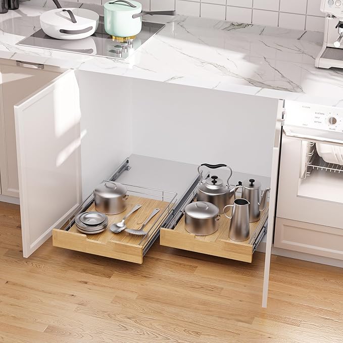 Sikarou Pull Out Cabinet Organizer,Heavy-Duty Slide Out Shelf, Wood And Wire Basket, Pull Out Drawer for for Kitchen Under Sink Space, Pantry, Bathroom (20 * 21 WM)