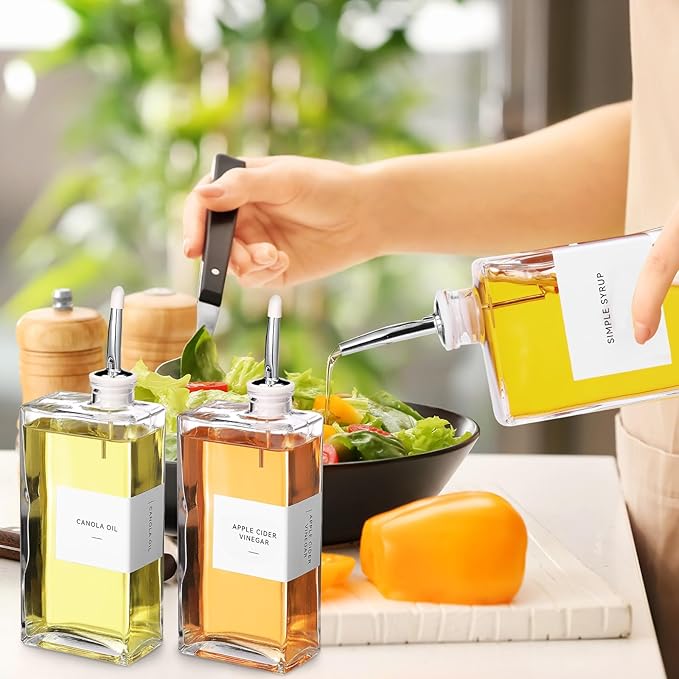 Reallnaive 6 Sets Olive Oil Dispenser Bottles for Kitchen with Nozzles Funnel Labels Cooking Oil Dispenser 500ml Set for Kitchen Vinegar Coffee Syrup (Silver)