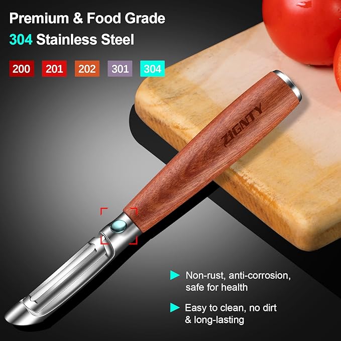 Premium Kitchen Tool Kit, Stainless Steel Garlic Press + Y Shaped & I Shaped Wooden Peeler Set, Heavy Duty Ergonomic Handle, 5-year Warranty