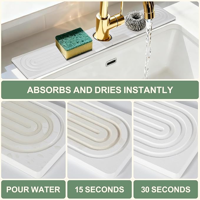 Meiliweser Faucet Mat for Kitchen Sink, Diatomite Quick Drying Stone Mat & Sink Protector, 23.6" x 4" Kitchen Sink Splash Guard, Absorbing Stone Tray for Bathroom Counter (White)