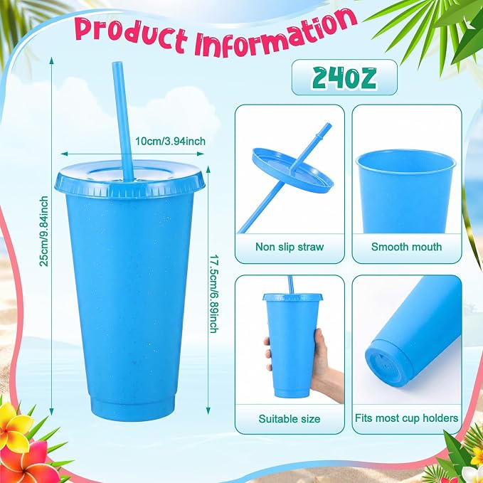 Honeydak 100 Pack Tumbler with Straw and Lid Bulk Cups for Gifts Glitter Plastic Coffee Cups 24-27 oz Reusable Water Bottle Iced Coffee Travel Mug Party Favors for Birthdays Travel (Assorted Color)