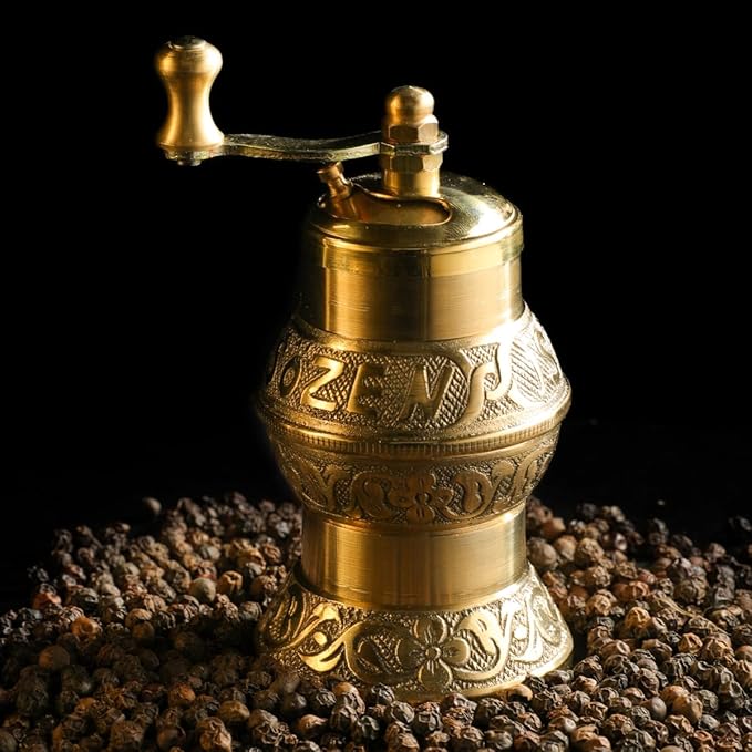Sozen 4.7" Istanbul Manual Pepper Grinder Brass – Handmade Turkish Pepper Mill, Conical Burr Spice Grinder, Portable Hand Crank Mill for Salt, Peppercorns, and Other Spices with Durable Brass Decor