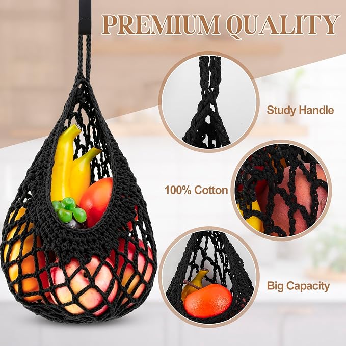 Honeydak Boho Decor Hanging Wall Baskets for Kitchen 3 Pack Teardrop Baskets with Hooks Storage Fruit Onion Vegetable Potato for Home 3 Sizes(Black,Crochet,Cotton Rope)