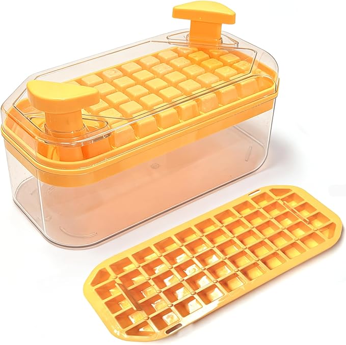 100 ice cube maker with easy press lid, Ice Trays for Freezer with Lid and Bin for Chilling Cocktail Whiskey Coffee Include 2 Trays and Storage Container, BPA Free