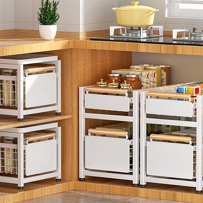 2 Tier Pull-out Storage Organizer, Slide Out Kitchen Cabinet Storage Sliding Shelves, Under Sink Organizers Drawer, Mesh Cabinet Basket with Handle for Bathroom, Home(White,Double Layer S)