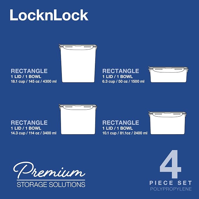 LocknLock Easy Essentials Pantry Food Storage Container Set/Food Storage Bin Set, Rectangular, BPA-free/Dishwasher Safe, 4 Piece - Clear