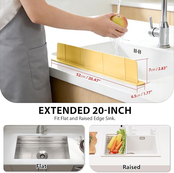 20Inch Silicone Sink Splash Guard with Strong Suction Cups, Flexible Kitchen Sink Splash Guard for Front/Back of Sink, Easy to Clean Splash Guard for Kitchen & Bathroom (Yellow, 20.5''x2.8'')