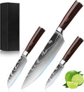 3-Piece Premium Japanese Kitchen Knife Set - Star Collection, Laser Damascus Pattern, 440A Stainless Steel Ultra Sharp for Fast Cutting (Redwood 3J)