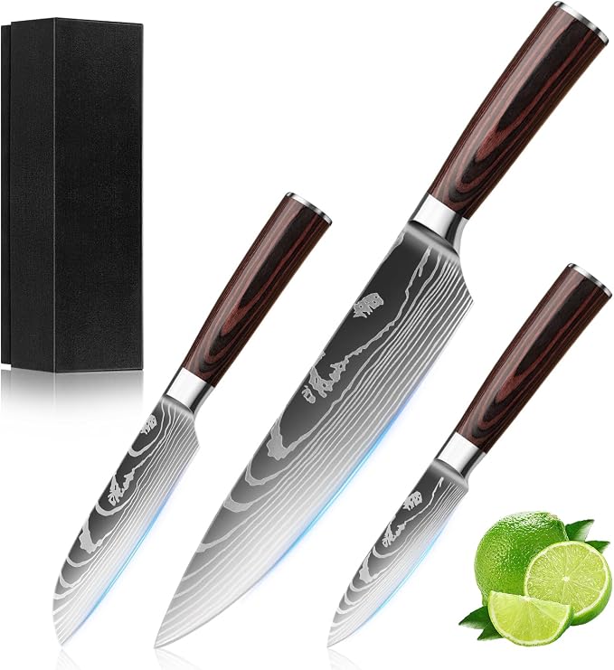 3-Piece Premium Japanese Kitchen Knife Set - Star Collection, Laser Damascus Pattern, 440A Stainless Steel Ultra Sharp for Fast Cutting (Redwood 3J)