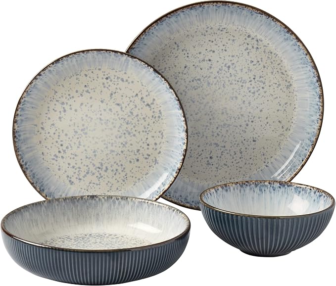 Tabletops Gallery Speckled Farmhouse Collection- Stoneware Dishes Service for 4 Dinner Salad Appetizer Dessert Plate Bowls, 16 Piece Jura Embossed Dinnerware Set in Smoky Blue
