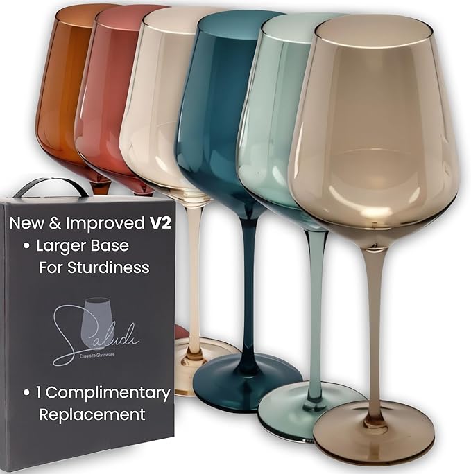 Saludi Colored Wine Glasses, 16.5oz (Set of 6) Stemmed Multi-Color Glass - Great for all Wine Types and Occasions - Luxury, Durable, Hand-Blown