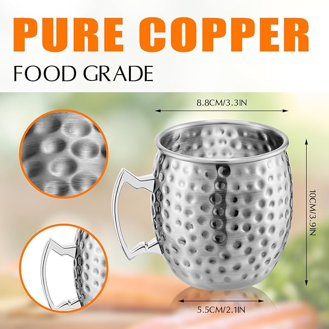 Tessco 12 Pcs Moscow Mule Mugs 16 oz Copper Mugs Kit 304 Hammered Copper Plated Stainless Steel Mule Cups for Cold Drinks Coffee Beer Wine Chilled Drink(Trendy Style,Silver)