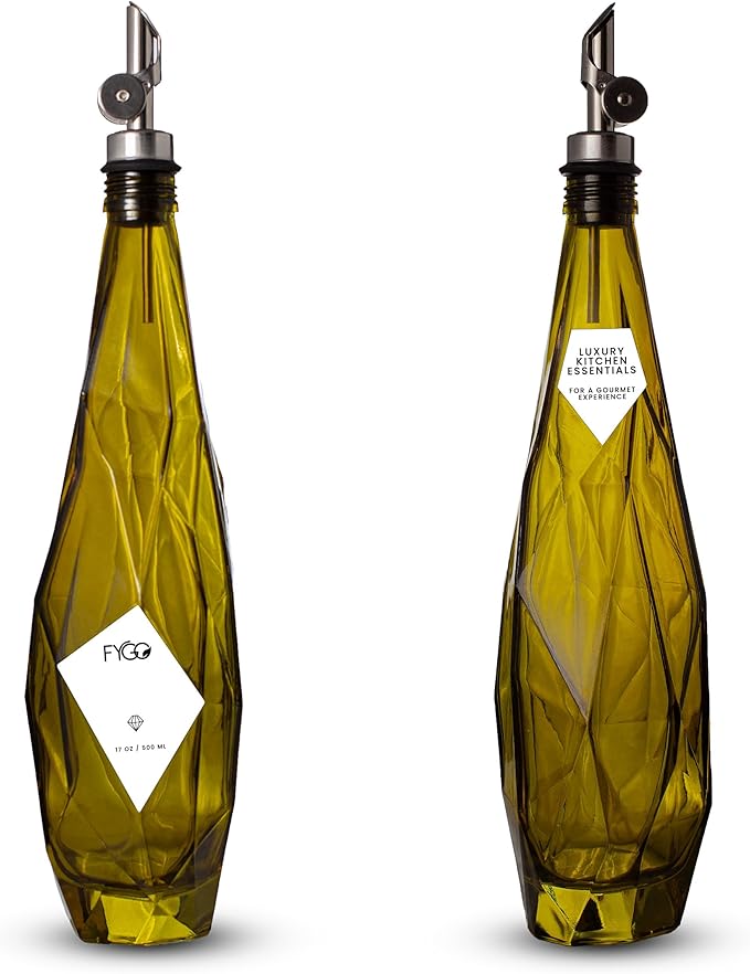 FYGO Diamond Lux Olive Oil Bottle Dispenser - Olive Oil Container- Oil and Vinegar Dispenser Set with Pourer and Funnel - Glass Dispenser Bottle for Kitchen - 500ml - Set of 2